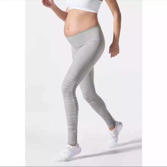 Blanqi Dove Gray Striped Sportsupport Hipster Cuffed Maternity Leggings Sz Large - Picture 1 of 9